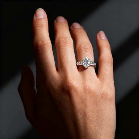 Venlis.V 3.50ct Oval Cut with 0.70 ct Trapezoid Cut each Wing Diamond  Three Stone Ring