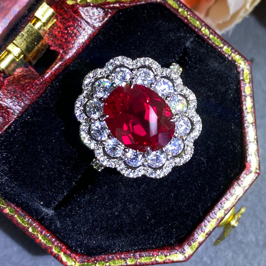 [Store Deal] Atelier 3.50 Carat Oval Cut Lab Grown Ruby Gemstone Lace Design Halo Ring 925 Sterling Silver (18K Gold Plated)