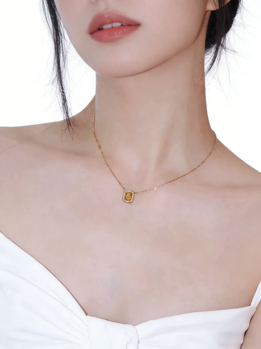 1.00ct Yellow Emerald Cut Lab-Grown Diamond Pendant Necklace with 0.10ct Halo Diamonds