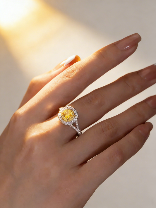 1.50 ct Cushion Cut Lab Grown Yellow Diamond Ring with 0.50 ct Triple Halo