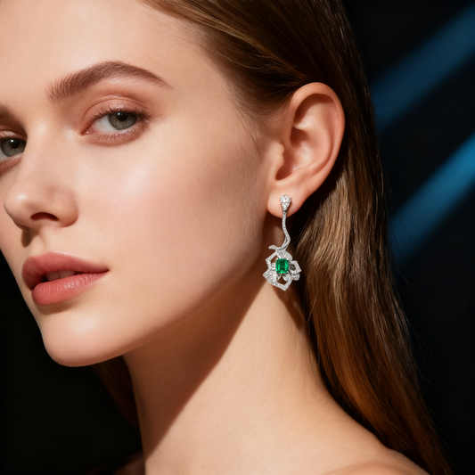 10.00 ct Verdant Grace  Emerald and Lab Grown Diamond Art Deco Drop Earrings