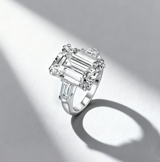Venlis.V 10.00ct Emerald Cut Diamond Simulant Three Stone Ring with 0.70ct Trapezoid Wings