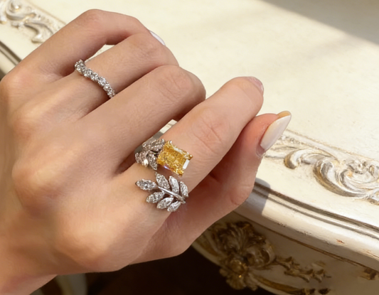 2.00 ct Emerald Cut Lab Grown Diamond Maple Leaf Ring with 0.70 ct Pear Cut Side Stones