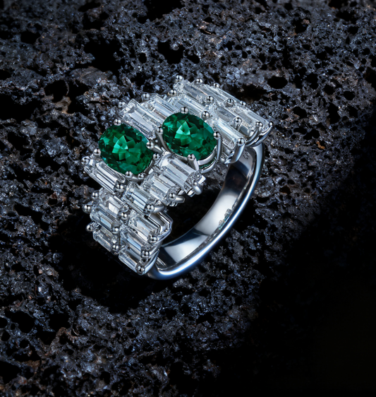 2.00ct Verdant Grace Emerald and Lab Grown Diamond Twin Row Ring
