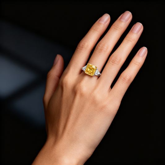 Venlis.V 6.00ct Yellow Cushion Cut Diamond Ring with 1.00ct Triangle Cut Wings