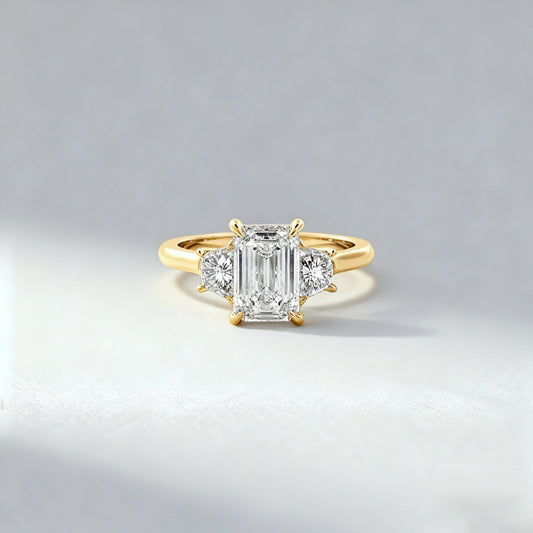 4.00ct Emerald Lab Grown Diamond Three-Stone Ring  with Trapezoid  Side Stones