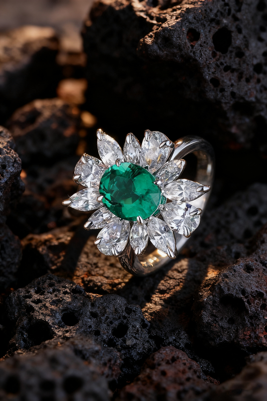 3.50ct Verdant Grace Emerald and Lab Grown Diamond Floral Ring