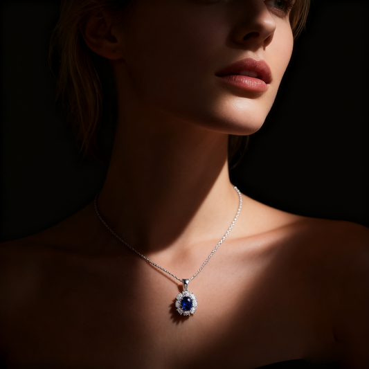 5.50ct Royal Blue Sapphire and Lab Grown Diamond Halo Pendant Necklace