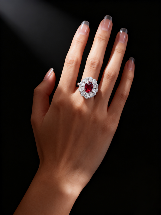 3.00ct Crimson Radiance Ruby and Lab Grown Diamond Floral Halo Ring