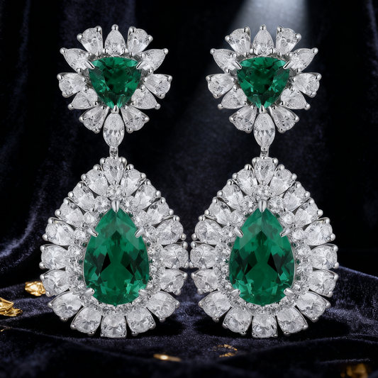 7.00ct Verdant Grace Emerald and Lab Grown Diamond Double Halo Drop Earrings