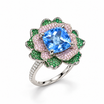 Atelier Gemstone 10 Carat Cushion Cut Santa Maria Aquamarine Floral Ring in 925 Sterling Silver