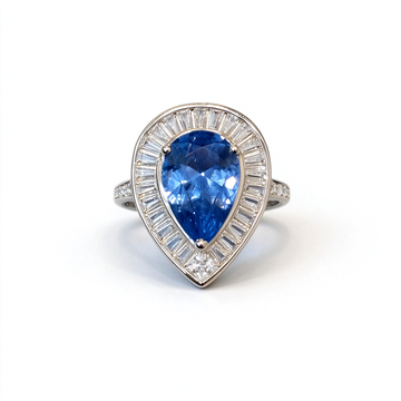 Atelier Gemstone 3.5 Carat Pear Cut Lab Grown Santa Maria Aquamarine Halo Ring in 925 Sterling Silver