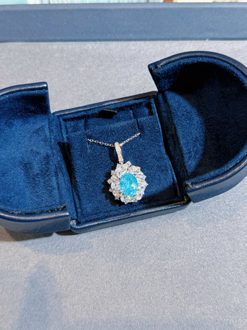 Atelier Gemstone 4.80 Carat Oval Cut Lab Grown Paraiba Halo Statement Pendant Luxury Necklace 925 Sterling Silver 18K Gold Plated