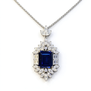 Atelier Gemstone 13 Carat Emerald Cut Lab Grown Blue Sapphire Halo Pendant Necklace in 925 Sterling Silver