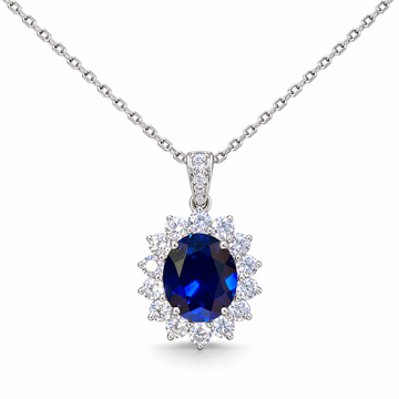 Atelier Gemstone 4.65 Carat Oval Cut Lab Grown Blue Sapphire Halo Pendant Necklace in 925 Sterling Silver