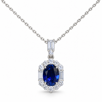 Atelier Gemstone 2.5 Carat Oval Cut Lab Grown Blue Sapphire Halo Pendant Necklace in 925 Sterling Silver