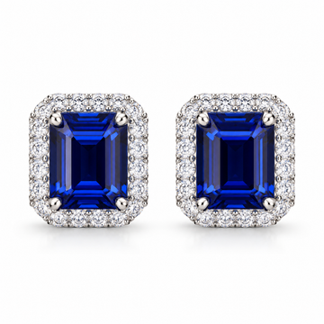 Atelier Gemstone 8.74 Carat Emerald Cut Lab Grown Blue Sapphire Earrings in 925 Sterling Silver