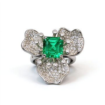 Atelier Gemstone 2.5 Carat Square Cut Emerald Floral Adjustable Ring in 925 Sterling Silver