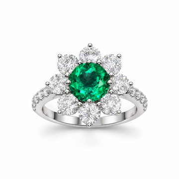 Atelier Gemstone 2.6 Carat Round Cut Lab Grown Emerald Halo Ring in 925 Sterling Silver
