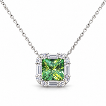 Atelier Gemstone 5.28 Carat Square Cut Lab Grown Green Sapphire Halo Pendant Necklace in 925 Sterling Silver