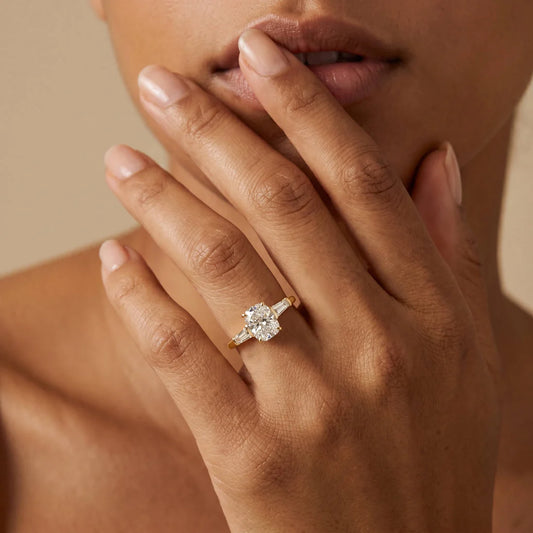Liora Muse 1ct Elongated Cushion Lab Diamond Three-Stone Engagement Ring with Tapered Baguette Accents