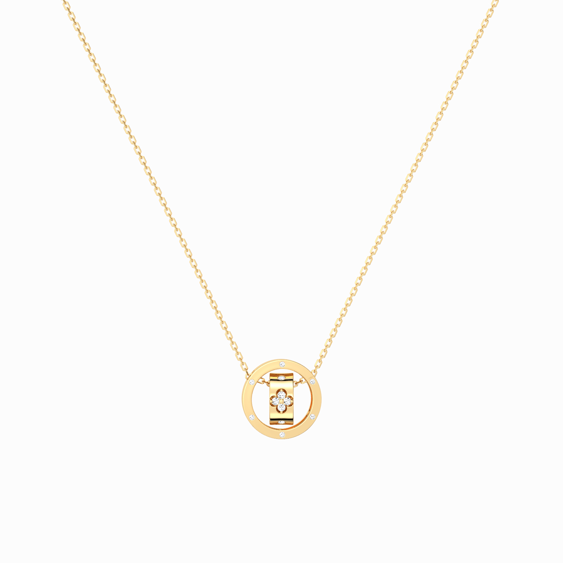 Gold necklace with a round pendant on a black background