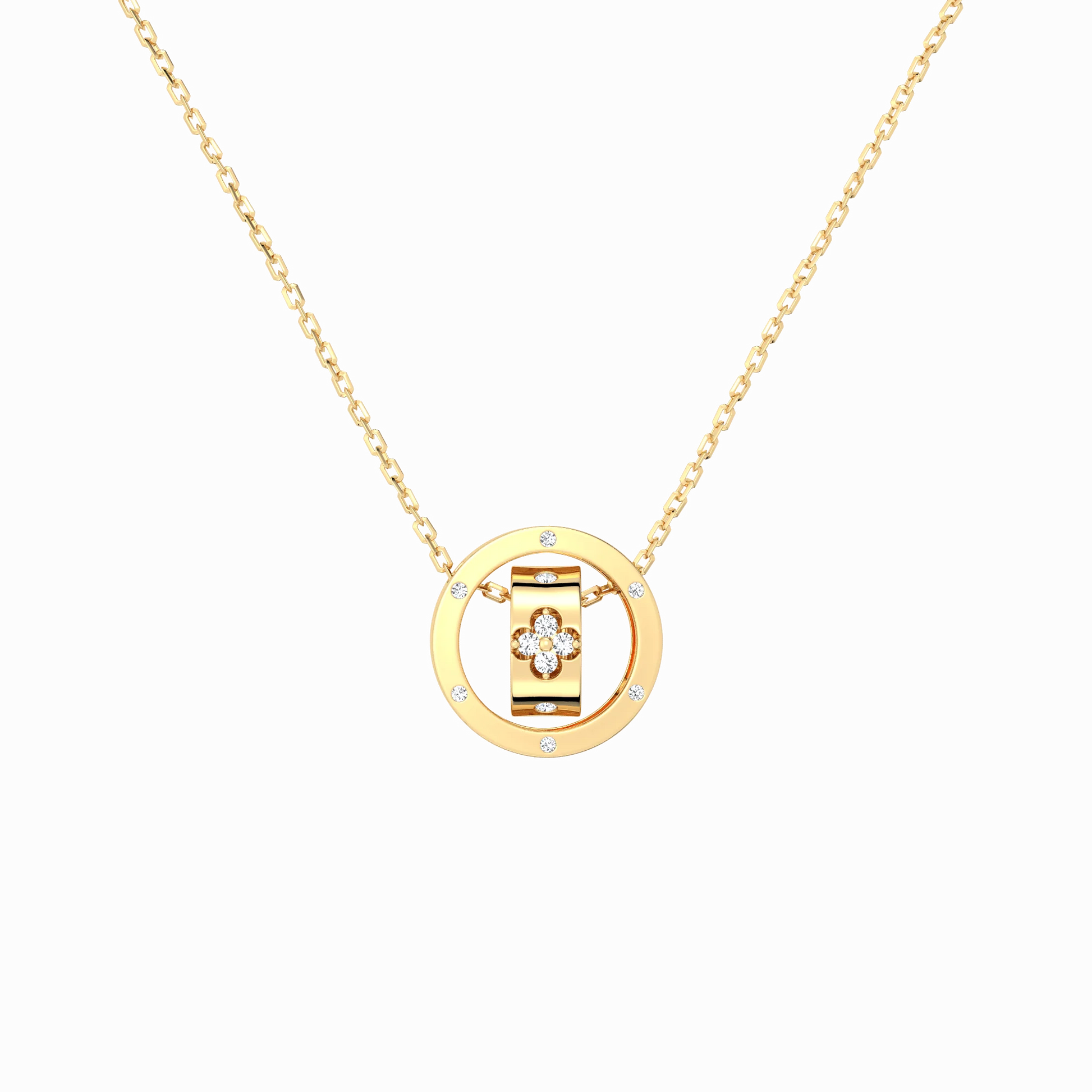 Gold necklace with a circular pendant on a white background