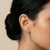 Close-up of a person wearing a silver earring with clear stones on a neutral background