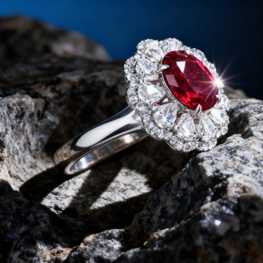 3.00ct Crimson Radiance Ruby and Lab Grown Diamond Floral Halo Ring