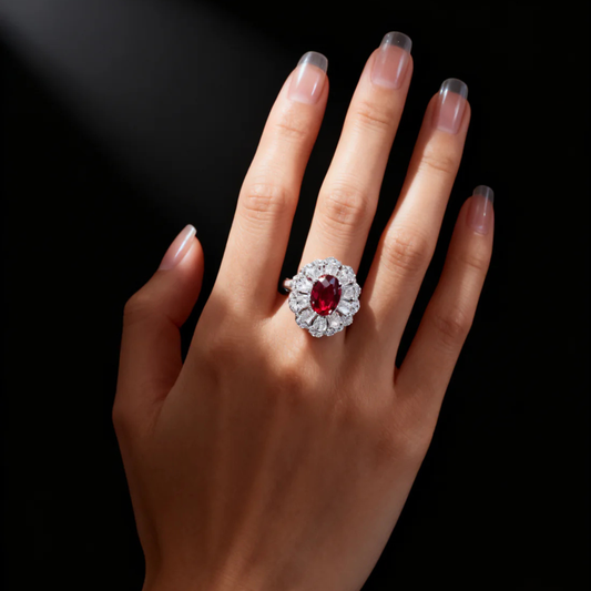 3.00ct Crimson Radiance Ruby and Lab Grown Diamond Floral Halo Ring
