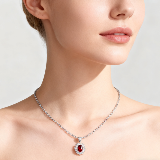 4.00ct Ruby and Diamond Eternal Flame Halo Pendant Necklace
