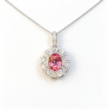 Atelier Gemstone 4.1 Carat Padpracha Oval Cut Halo Pendant Necklace in 925 Sterling Silver