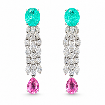 Atelier Gemstone 7.9 Carat Oval Cut Lab Grown Paraiba & 3.2 Carat Pear Cut Pink Sapphire Earrings in 925 Sterling Silver