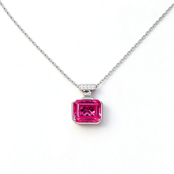 Atelier Gemstone 4 Carat Emerald Cut Lab Grown Pink Sapphire Necklace in 925 Sterling Silver