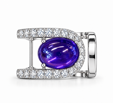 Atelier Gemstone 6.2 Carat Oval Cabochon Lab Grown Purple Sapphire Halo Adjustable Ring in 925 Sterling Silver
