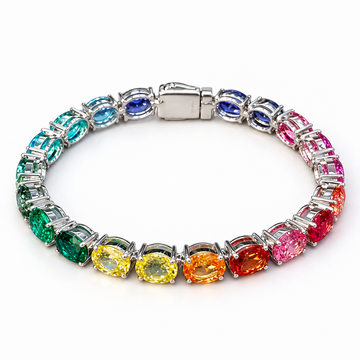 Atelier Gemstone 31.4 Carat Oval Cut Lab Grown Rainbow Multi Gemstone Tennis Bracelet in 925 Sterling Silver