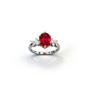 Atelier Gemstone 2.5 Carat Oval Cut Lab Grown Ruby Side Accent Ring in 925 Sterling Silver