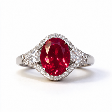 Atelier Gemstone 5.32 Carat Oval Cut Lab-Grown Ruby Ring with 0.75 Carat Side Diamonds in 9K White Gold