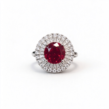 Atelier Gemstone 3.5 Carat Round Cut Lab Grown Ruby Halo Ring in 925 Sterling Silver