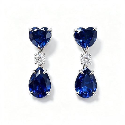 Atelier Gemstone 8 Carat Lab Grown Sapphire Earring,2ct each Heart & Pear Shape of one side in 925 Sterling Silver