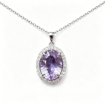Atelier Gemstone 8 Carat Oval Cut Natural Amethyst Halo Necklace in 925 Sterling Silver