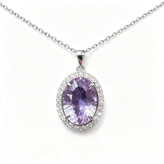 Atelier Gemstone 8 Carat Oval Cut Natural Amethyst Halo Necklace in 925 Sterling Silver