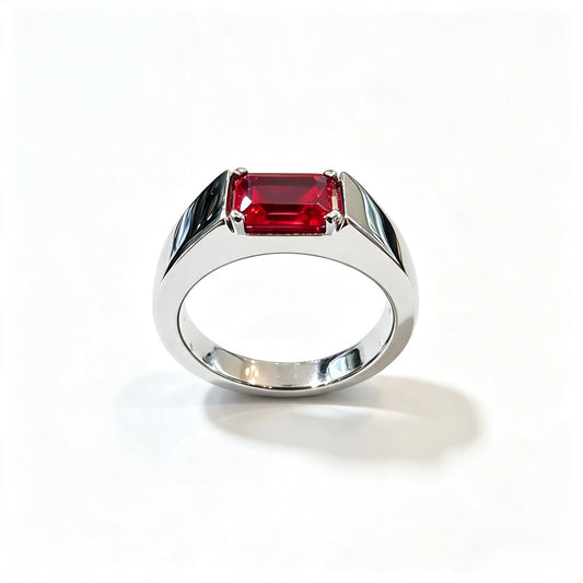 Atelier Gemstone 2.5 Carat Emerald Cut Lab Grown Ruby Men Ring in 925 Sterling Silver