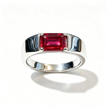 Atelier Gemstone 2.5 Carat Emerald Cut Lab Grown Ruby Men Ring in 925 Sterling Silver