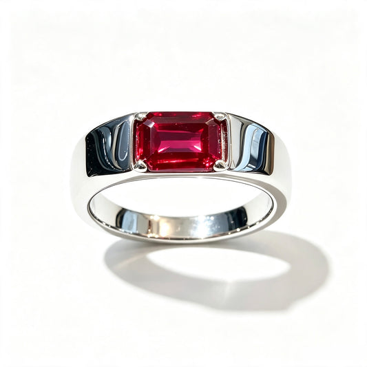 Atelier Gemstone 2.5 Carat Emerald Cut Lab Grown Ruby Men Ring in 925 Sterling Silver