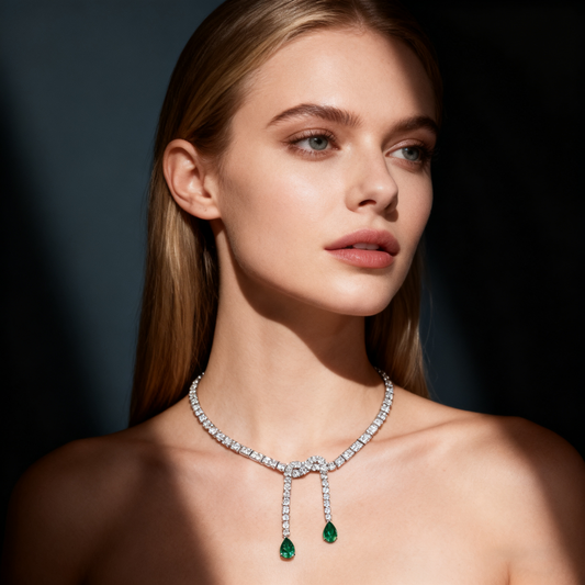 2.00ct Pear-Cut Emerald Drop & Lab-Grown Diamond Ribbon Necklace