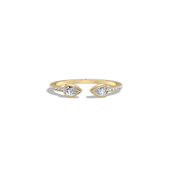 Gold open ring with two diamonds on a white background