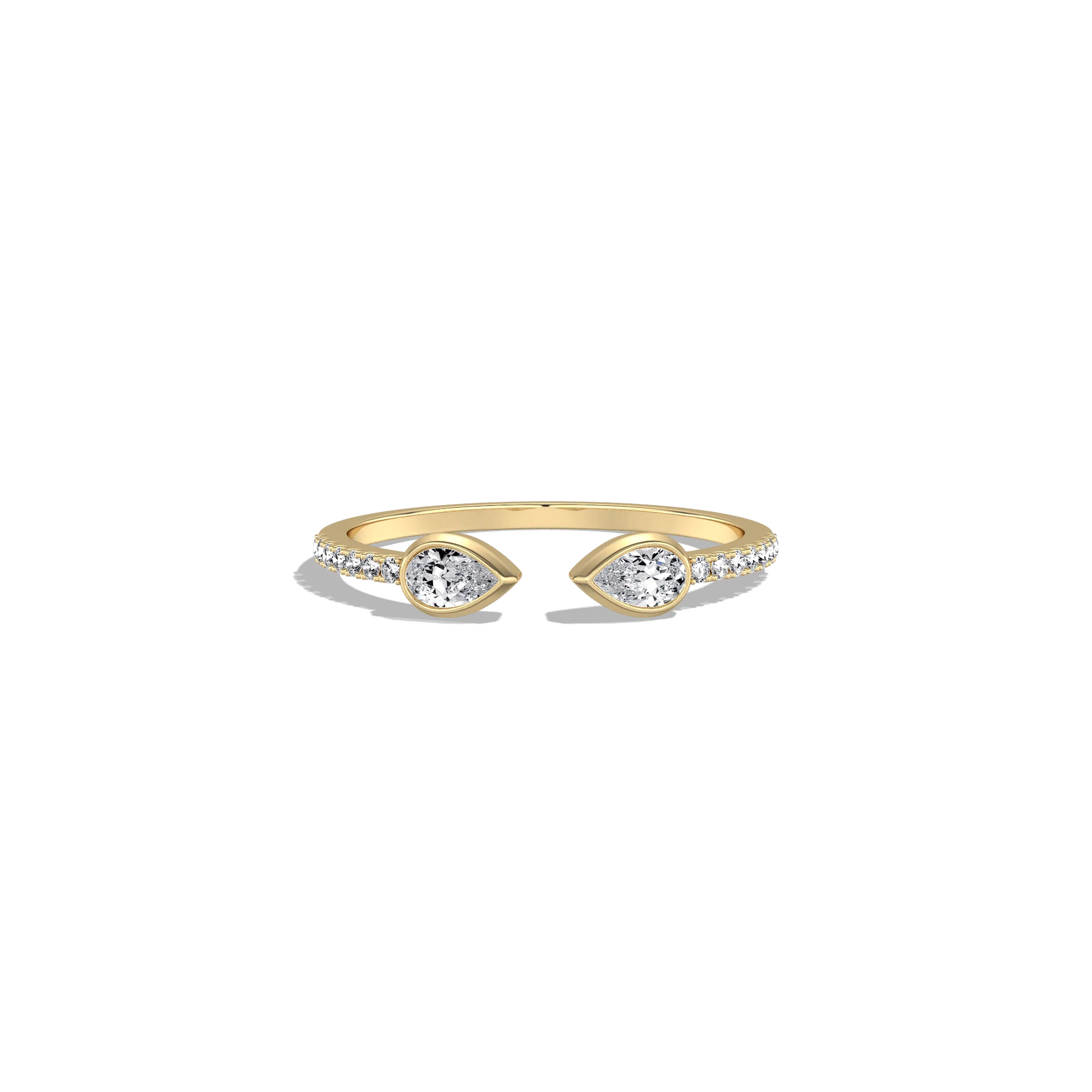 Gold open ring with two diamonds on a white background