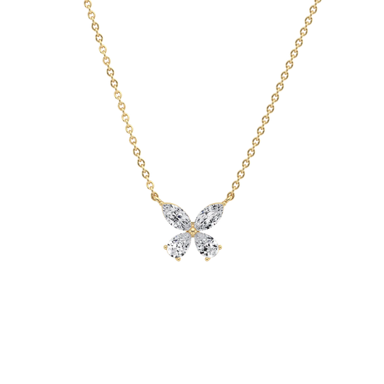 Butterfly-shaped diamond necklace on a gold chain against a white background