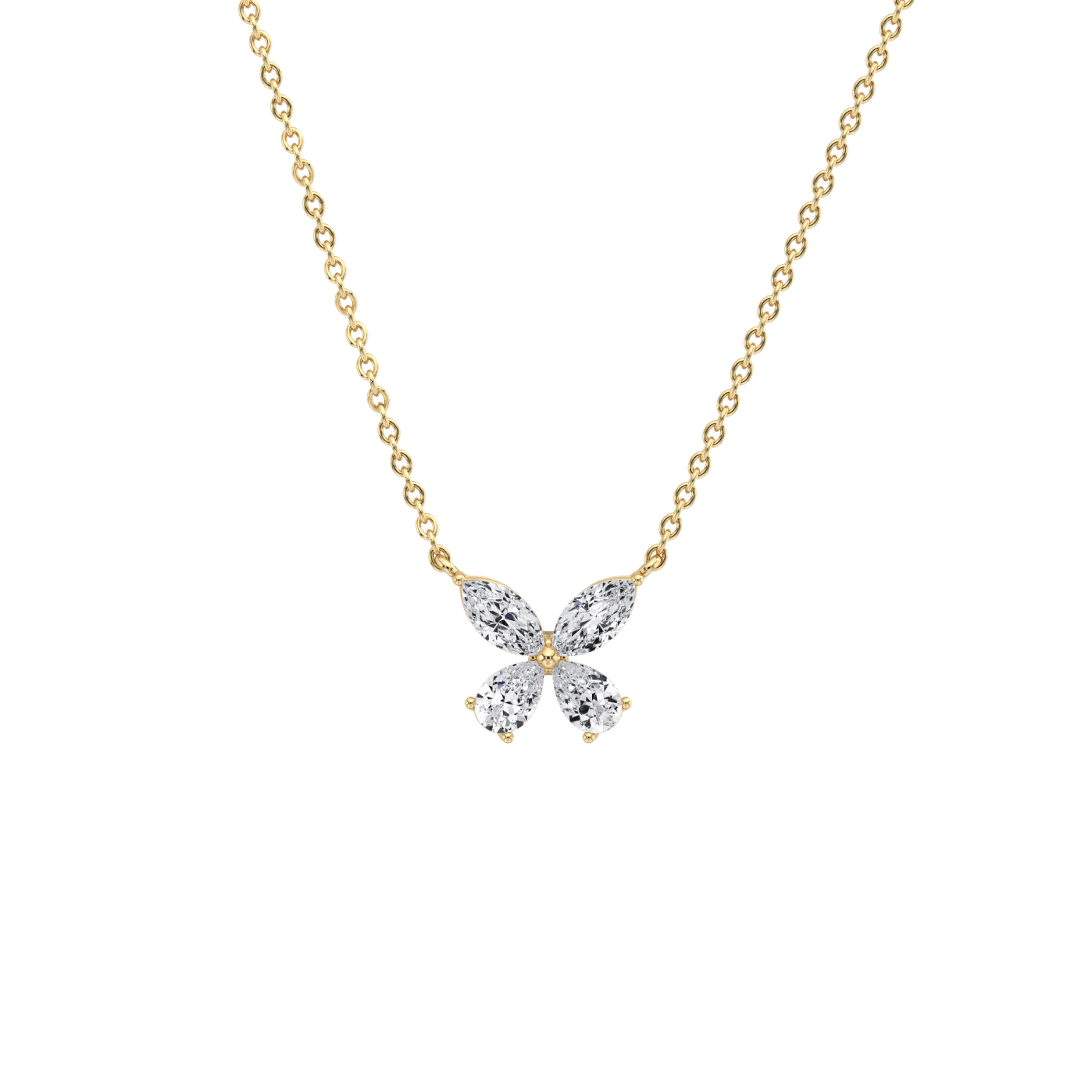 Butterfly-shaped diamond necklace on a gold chain against a white background